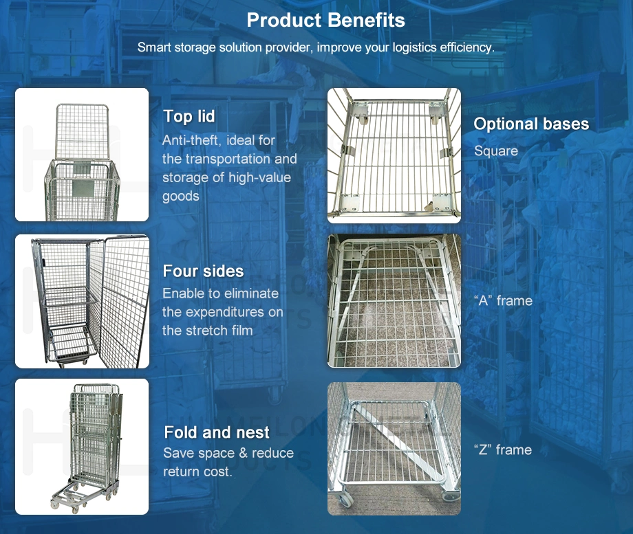 Customized Nestable Galvanized Wire Mesh Roll Container Industrial Laundry Carts